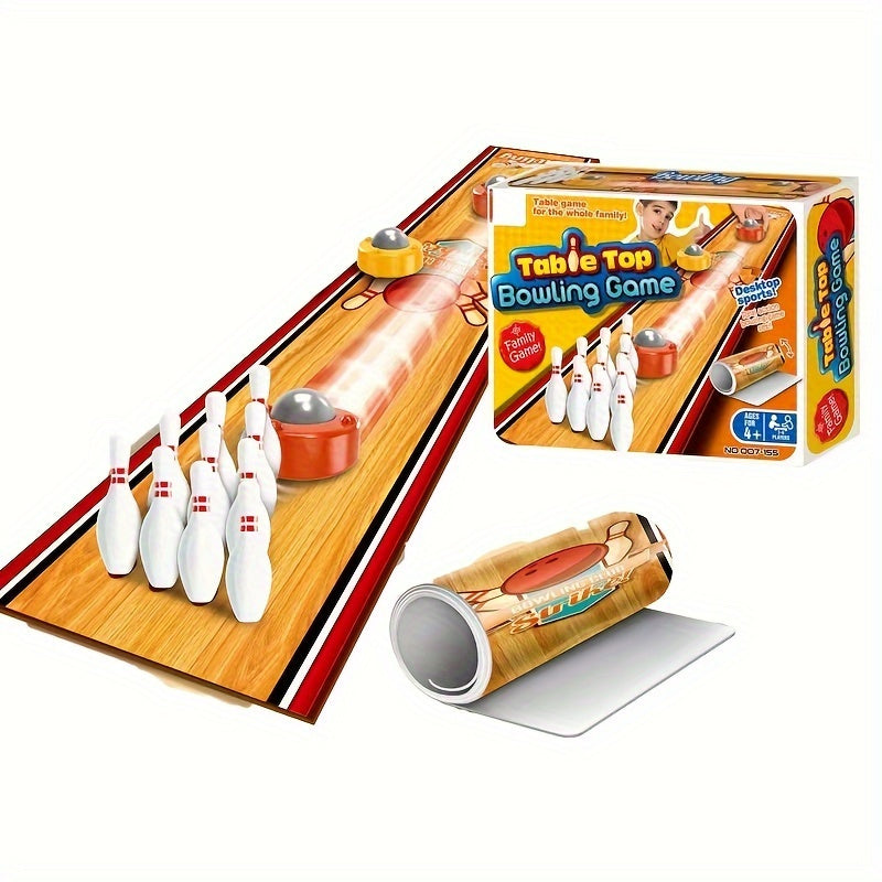 Mini Bowling Game set with wooden lane, white pins, and silver ball – tabletop bowling alley with red striped borders