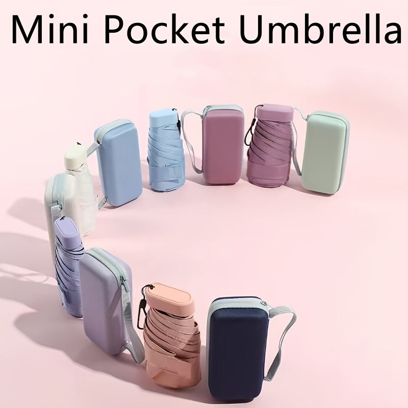 Mini Pocket Umbrella collection displayed in pastel colors with protective cases, arranged in curved formation on pink background