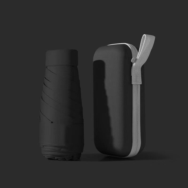 Mini Pocket Umbrella in black with protective hard case and wrist strap shown against dark background