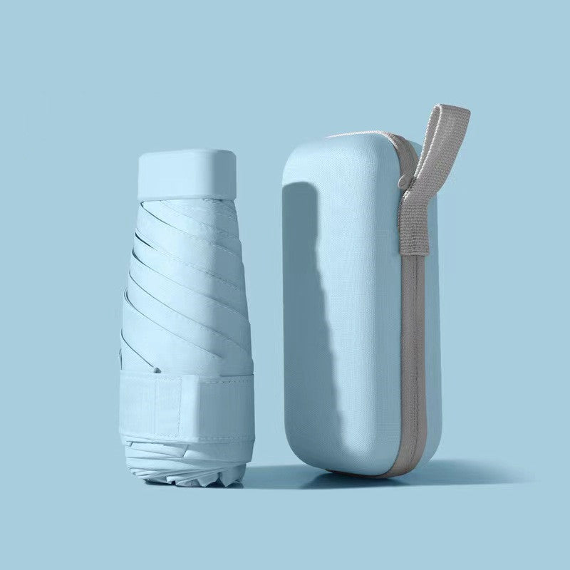 Mini Pocket Umbrella in white with protective hard case shown against blue background, featuring compact foldable design