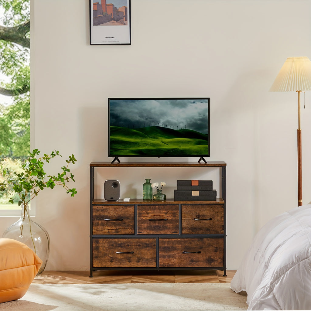 Modern HighPeak TV Stand & Dresser in rustic brown with steel frame, open shelf, and 5 drawers in minimalist bedroom setting