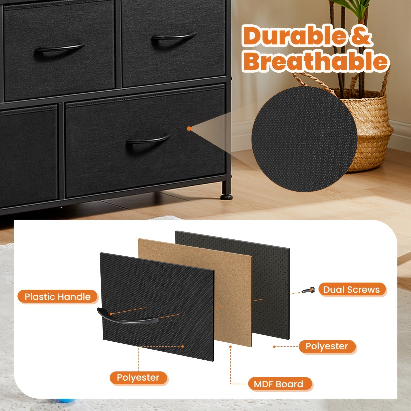 Modern black HighPeak TV Stand & Dresser with 3 drawers, open shelf, and steel frame in minimalist design for living room storage