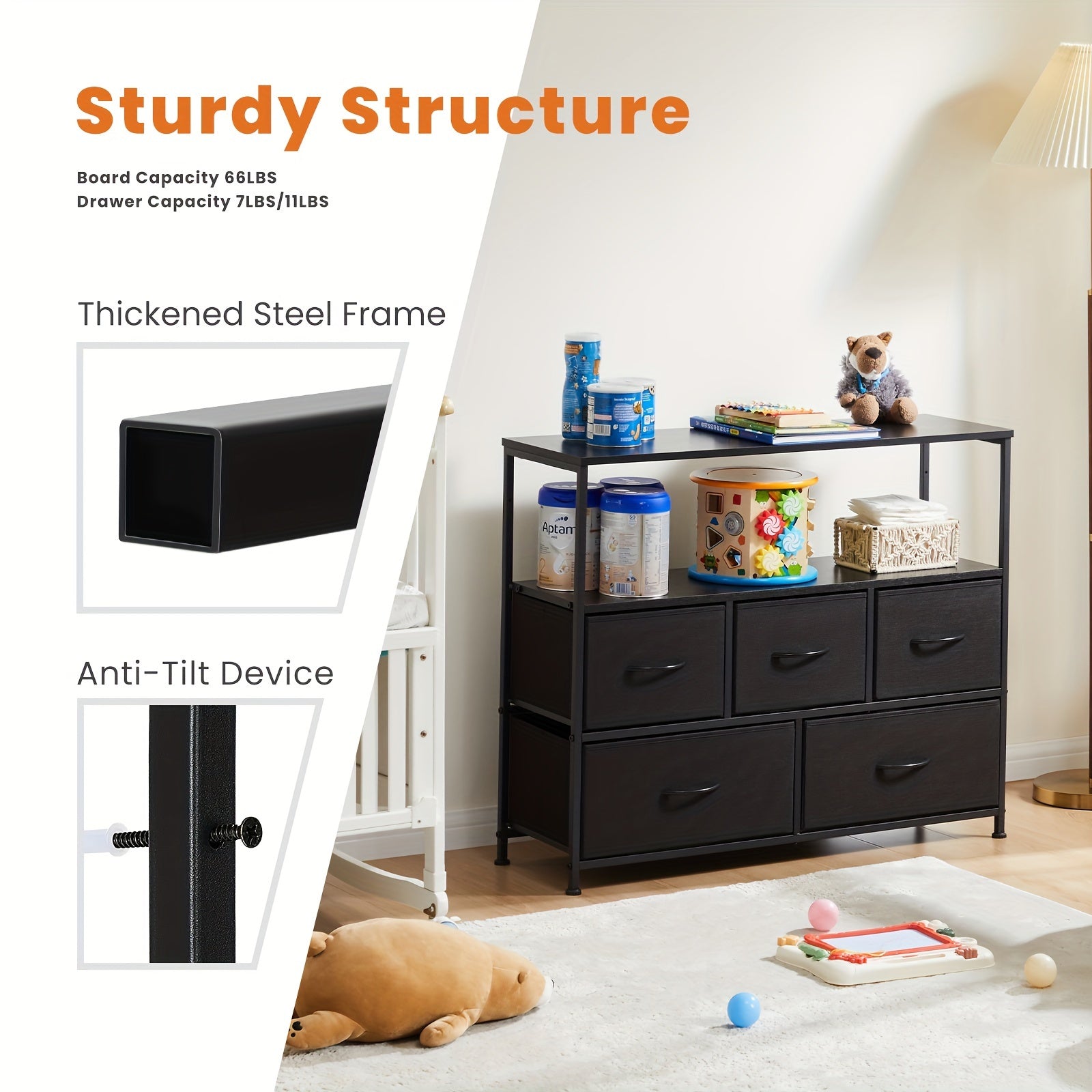 Modern black HighPeak TV Stand & Dresser with 5 drawers and open shelf, displaying storage items in cozy room setting