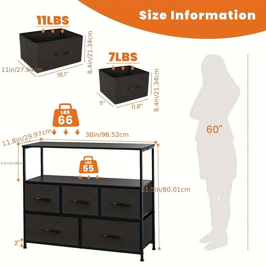 Modern black TV stand and dresser with steel frame, 5 fabric drawers and open shelf, measurements displayed in diagram