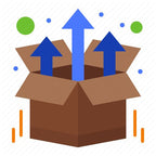 Movie Screen & Bag Bundle shown as open brown box with blue upward arrows, green dots and orange accents - popular bundle pack