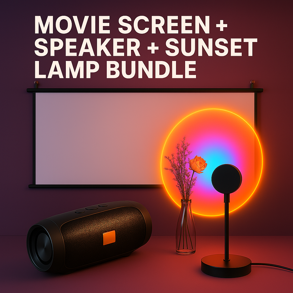 HighPeak movie screen bundle with portable speaker and rainbow sunset lamp creating ambient entertainment setup in dark room