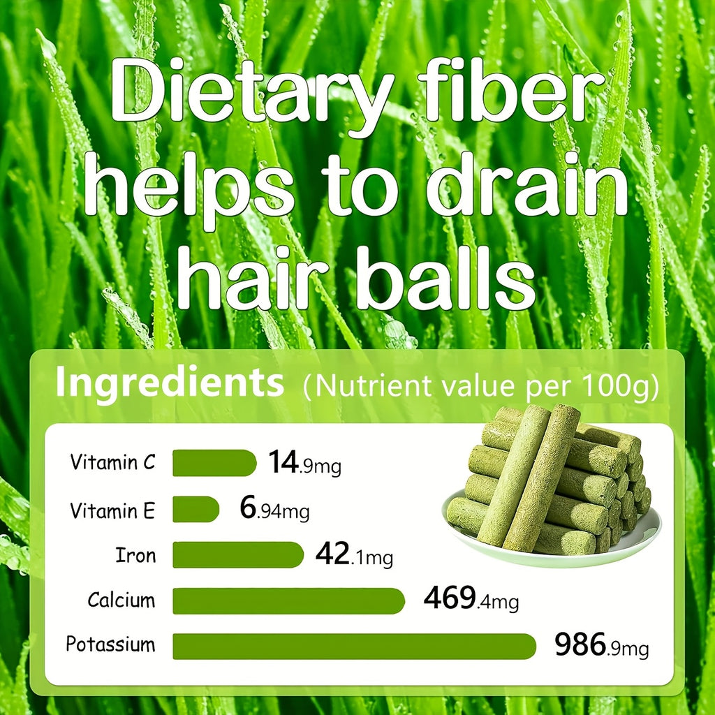 Natural cat grass chew sticks on white plate with nutrient chart and fresh wheatgrass background - digestive health supplement
