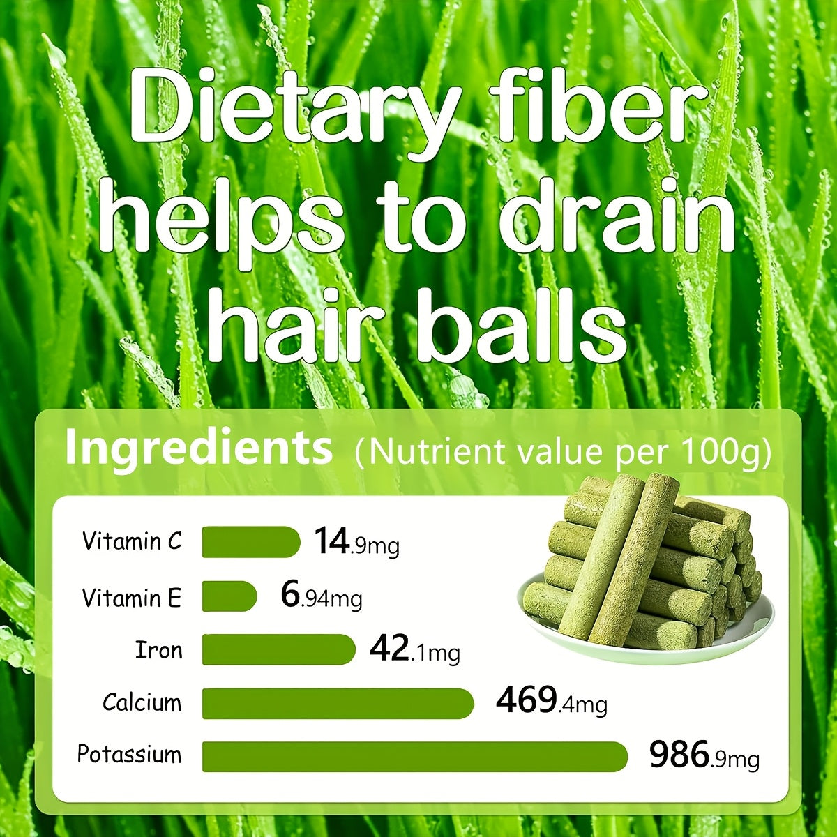 Natural cat grass chew sticks on white plate with nutrient chart and fresh wheatgrass background - digestive health supplement