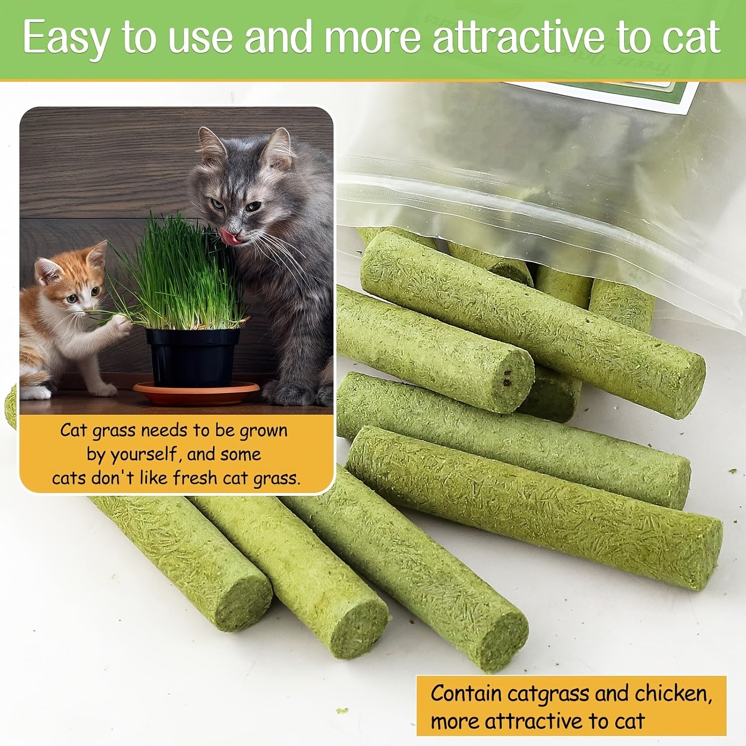 Natural green cat grass chew sticks displayed with product image showing cats enjoying fresh grass - dental health treat