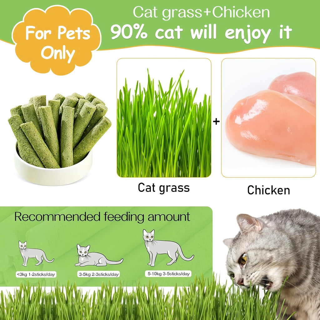 Natural green cat grass chew sticks in white bowl with feeding guide and chicken ingredients - Purrfectly Natural Cat Grass Treats