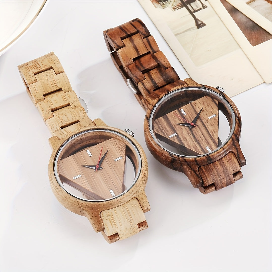 NatureCraft Handmade Wooden Watch pair with light and dark wood bands, triangular face design, displayed on white surface