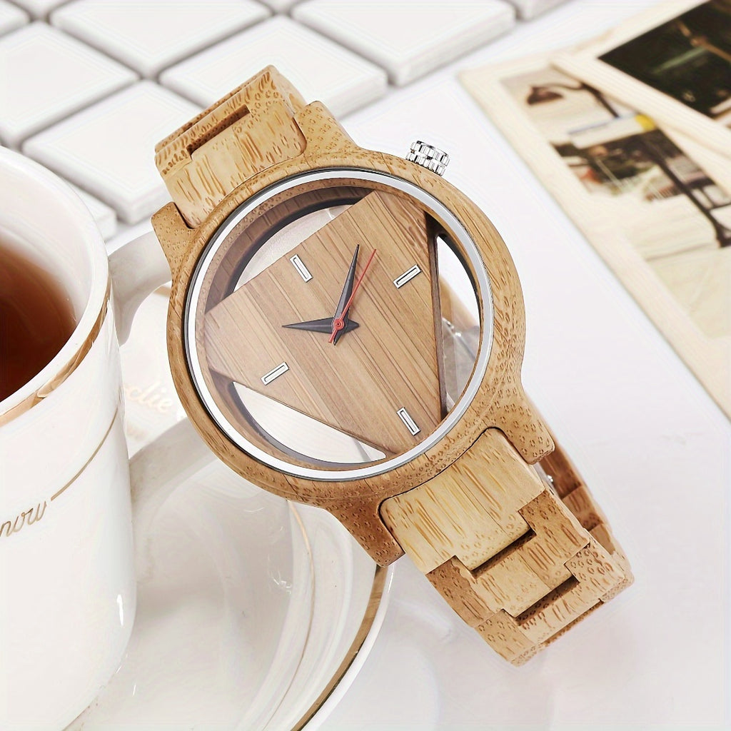 NatureCraft Handmade Wooden Watch with bamboo strap and triangular transparent face on white surface near coffee cup
