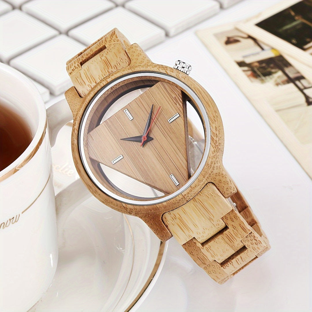 NatureCraft Handmade Wooden Watch with bamboo strap and triangular transparent face on white surface near coffee cup