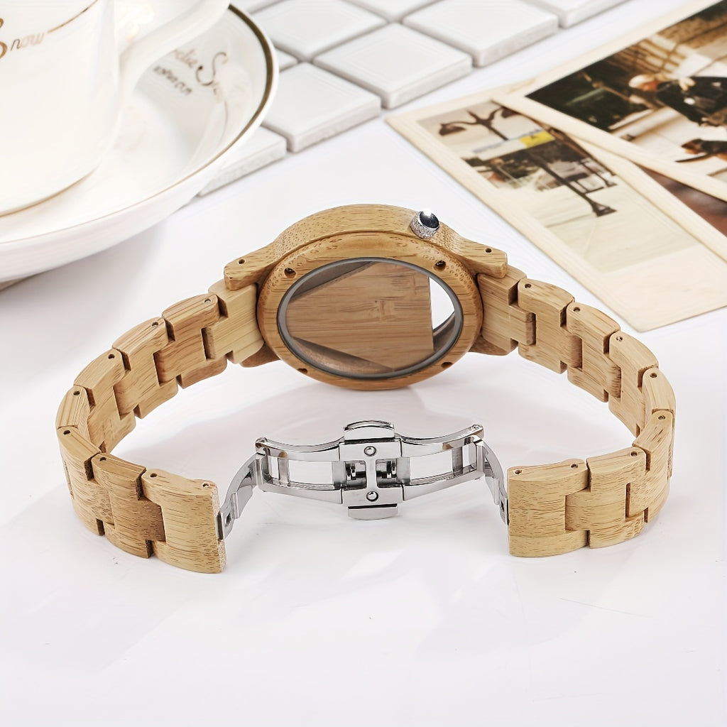 NatureCraft Handmade Wooden Watch with light bamboo band and silver clasp, showcasing natural wood grain pattern and round face
