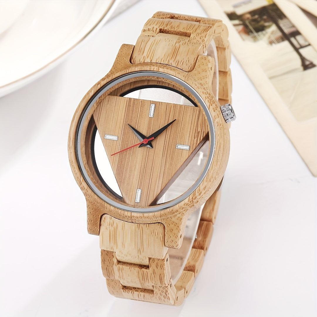 NatureCraft Handmade Wooden Watch with triangle-shaped hollow dial and bamboo link bracelet on white surface
