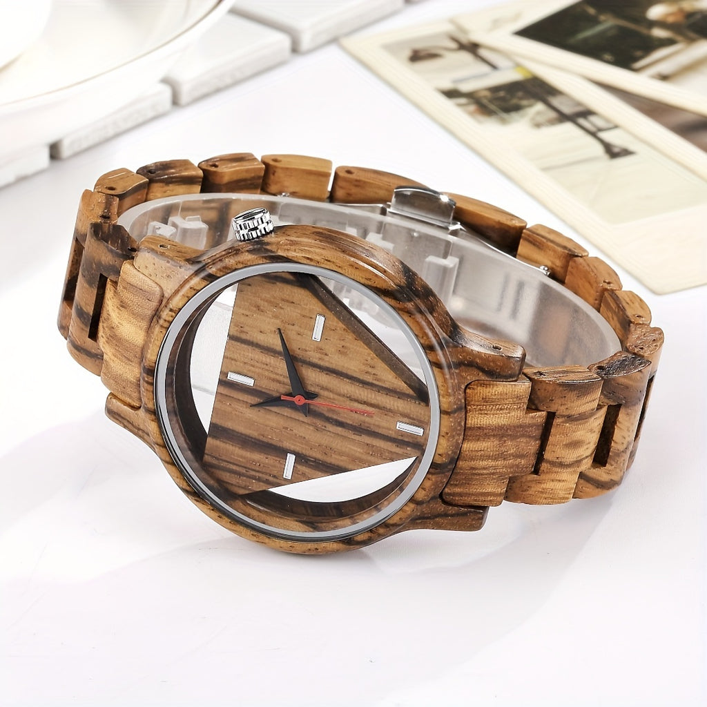 NatureCraft handmade wooden watch with minimalist design, featuring zebra wood band and transparent dial on white surface