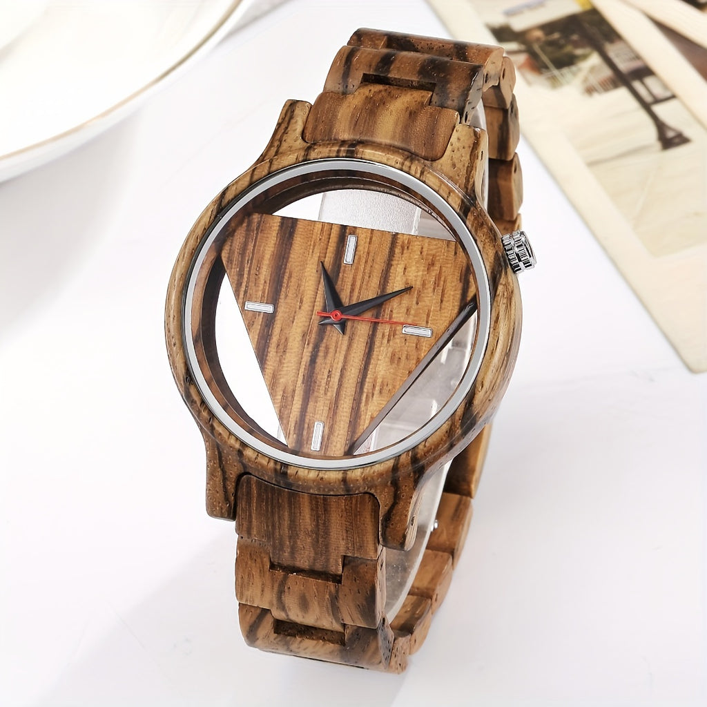 NatureCraft handmade wooden watch with triangle-shaped transparent face and natural grain wooden band on white surface