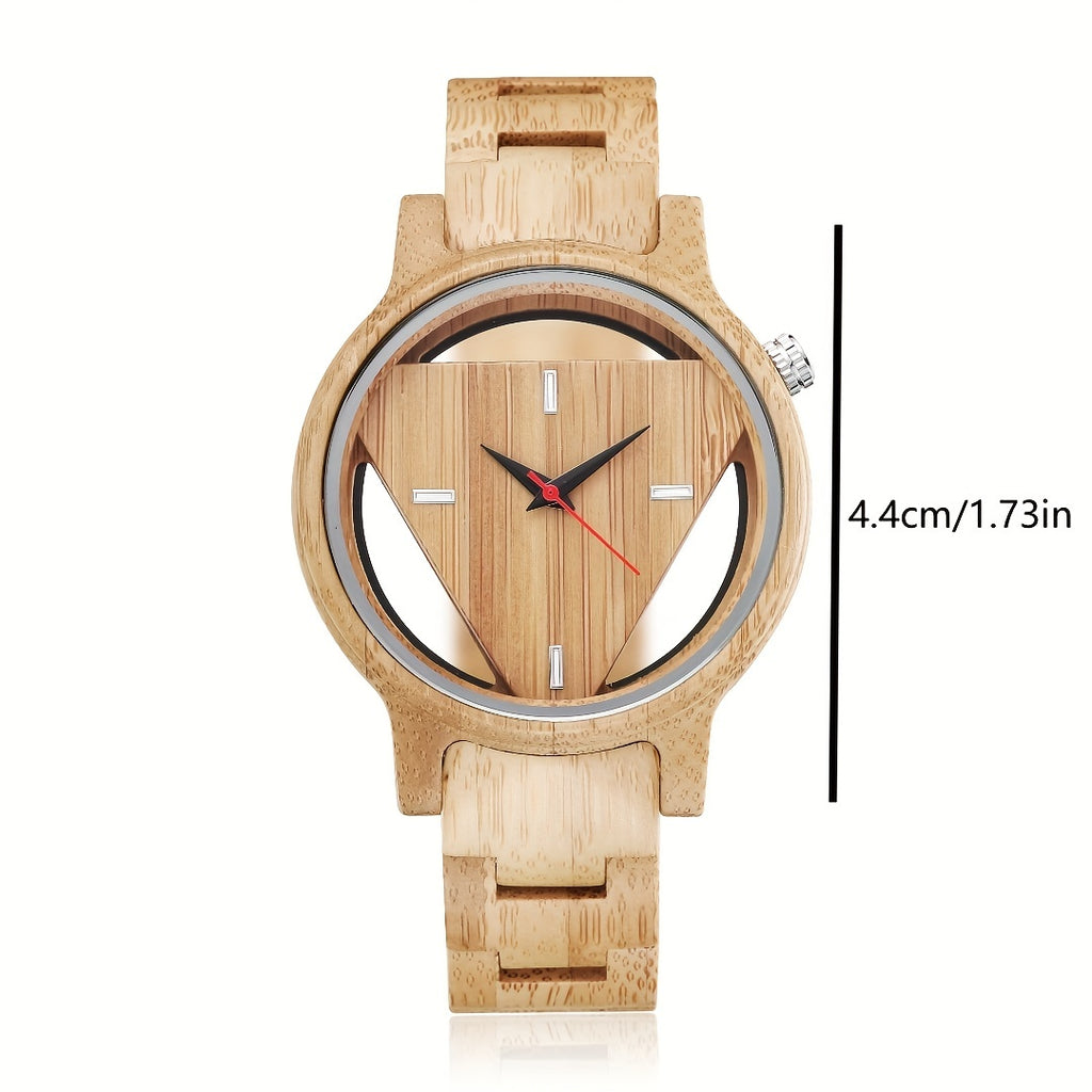 NatureCraft handmade wooden watch with triangular cutout design, bamboo band, and minimalist face on display