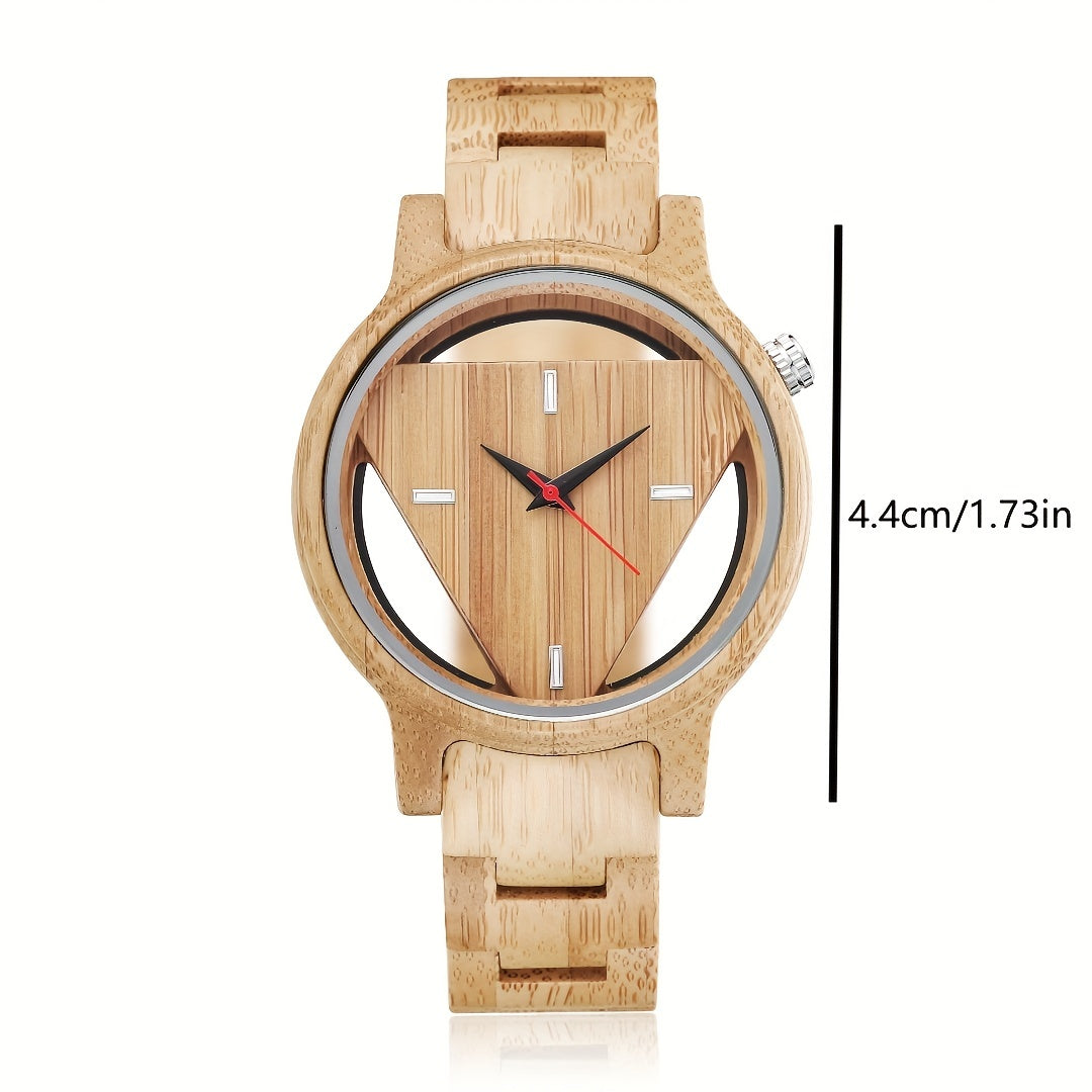NatureCraft handmade wooden watch with triangular cutout design, bamboo band, and minimalist face on display