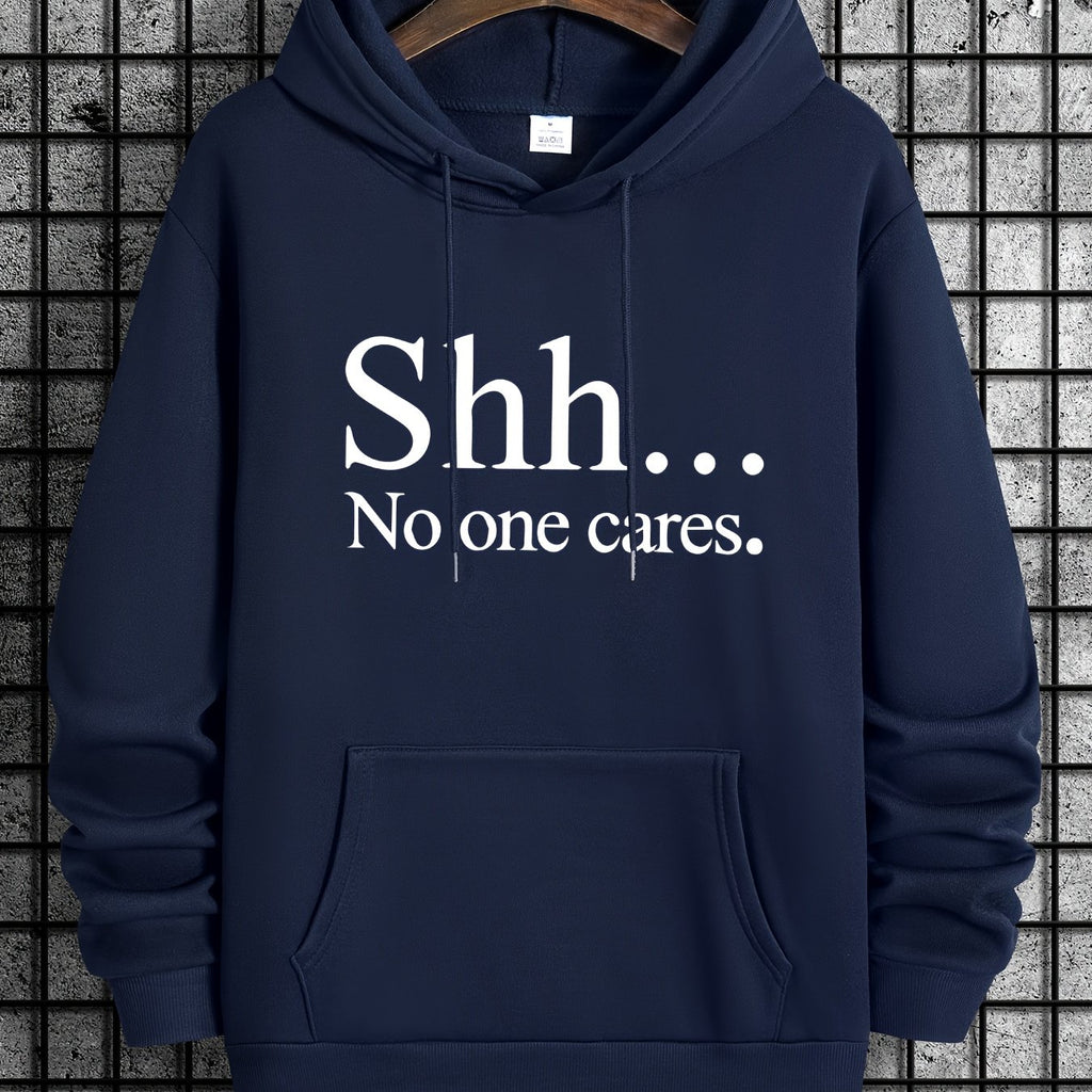 Navy blue Shh No One Cares hoodie with white text print, featuring kangaroo pocket and classic pullover design