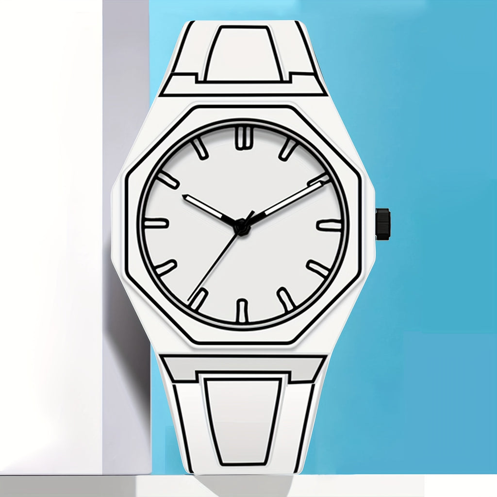 NeonEdge Futuristic Watch with white octagonal case and minimalist dial against blue background - modern timepiece design