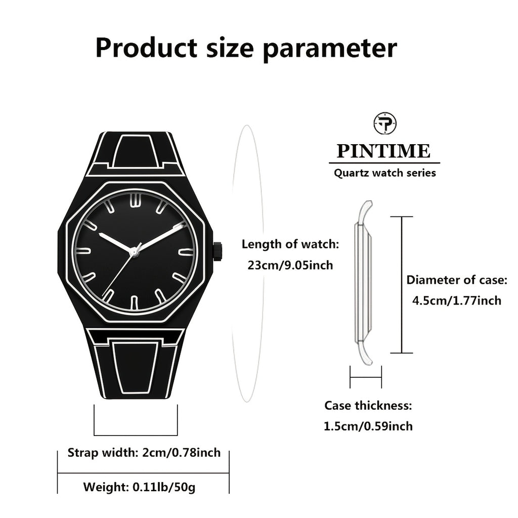 NeonEdge futuristic quartz watch size diagram showing black silhouette with dimensions, case diameter and strap measurements