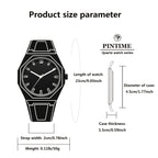 NeonEdge futuristic quartz watch size diagram showing black silhouette with dimensions, case diameter and strap measurements