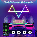NeonMatrix LED light bars displaying geometric pattern with music sync feature, shown in gaming setup with smartphone control