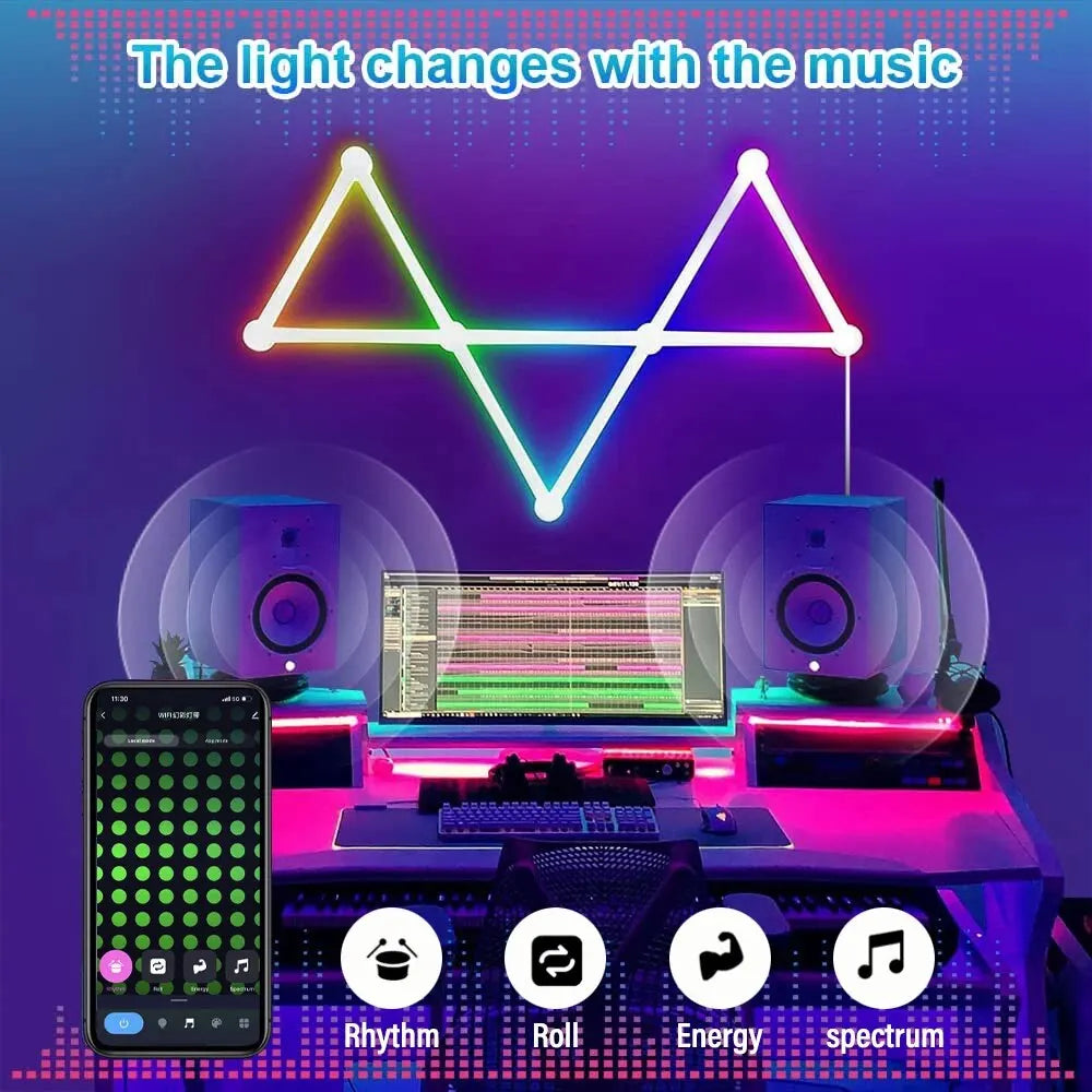 NeonMatrix LED light bars in geometric pattern syncing with music display above gaming setup with pink and purple ambient lighting