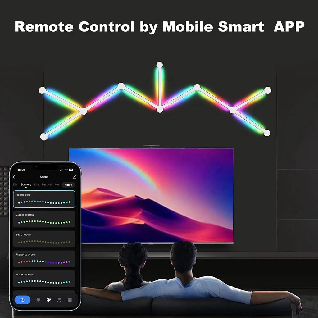 NeonMatrix modular LED light bars displaying rainbow colors above TV with smartphone app control interface shown