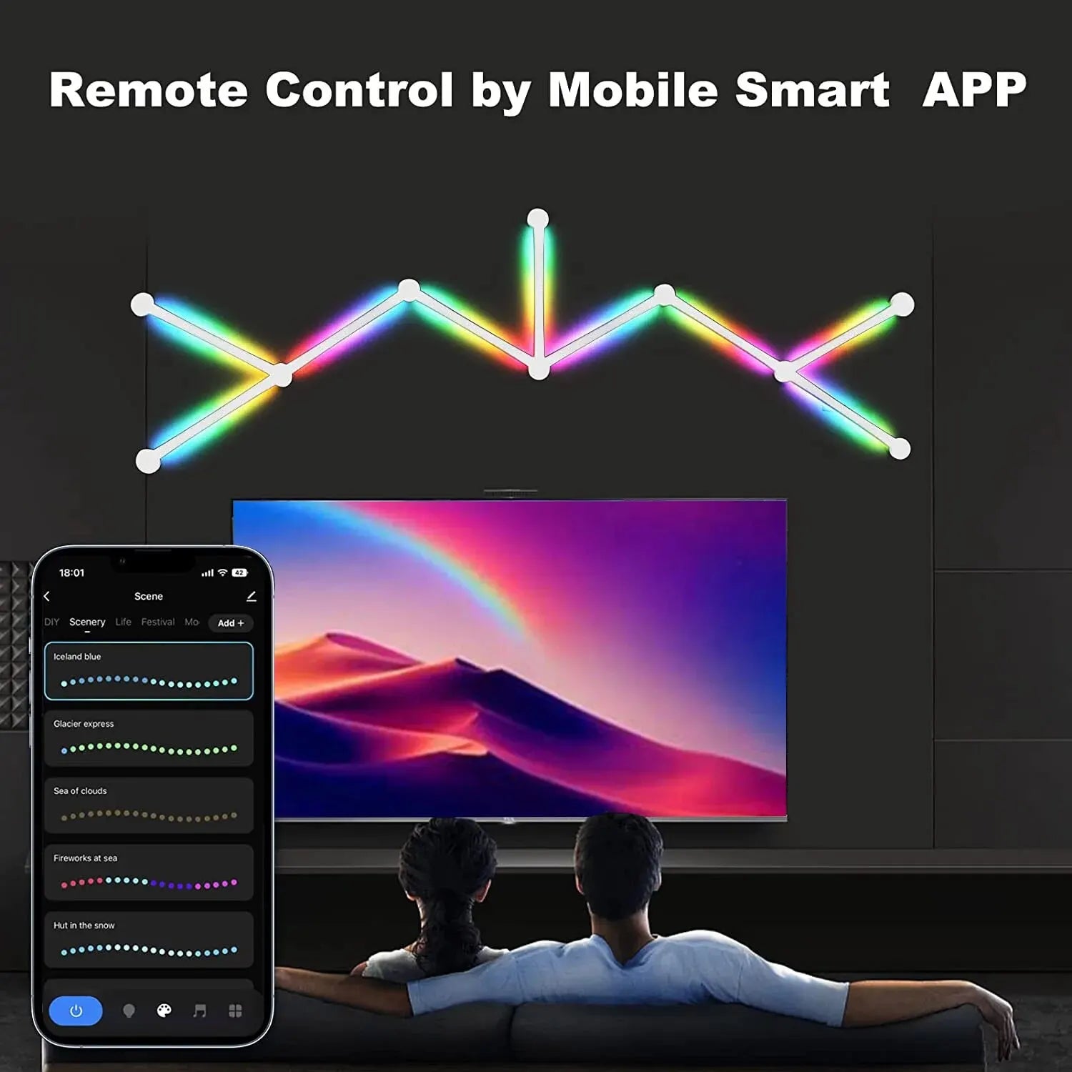 NeonMatrix modular LED light bars displaying rainbow colors above TV with smartphone app control interface shown