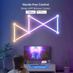 NeonMatrix modular LED light bars in geometric pattern displaying pink, white and blue lights on purple wall above TV