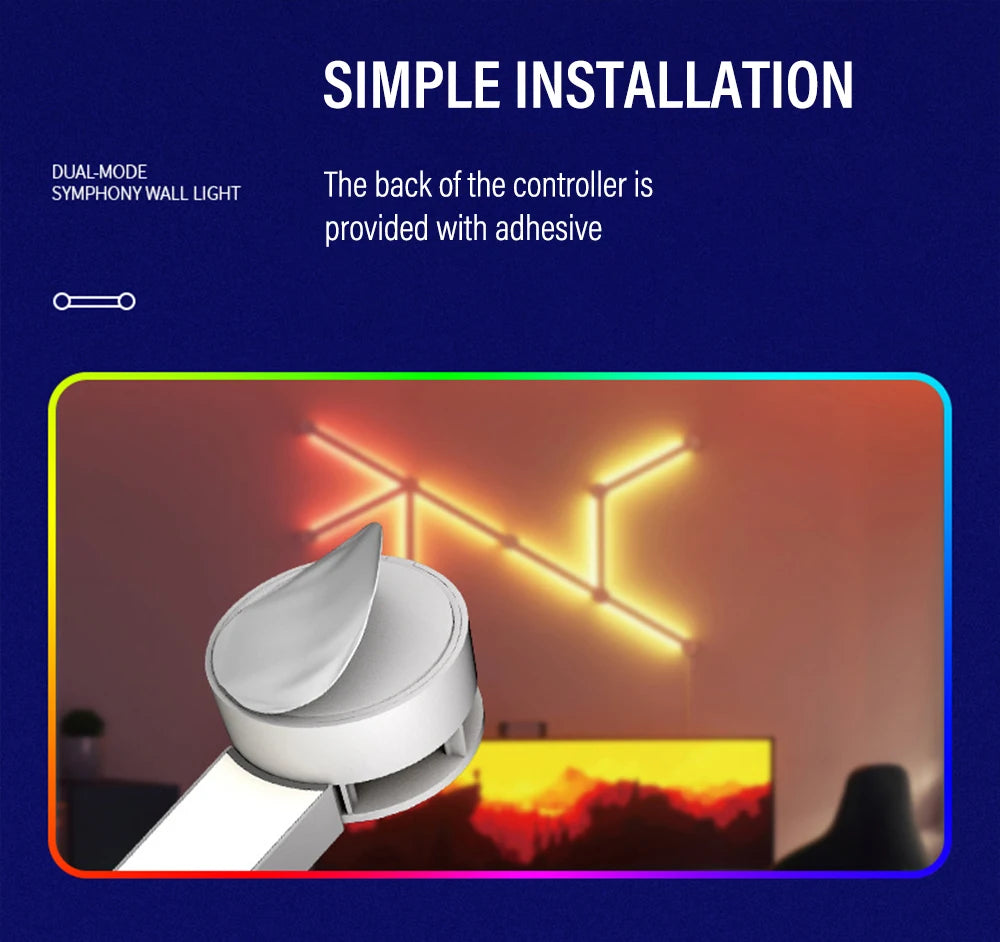 NeonMatrix modular LED light bars with white controller shown in amber lighting setup against dark TV entertainment wall