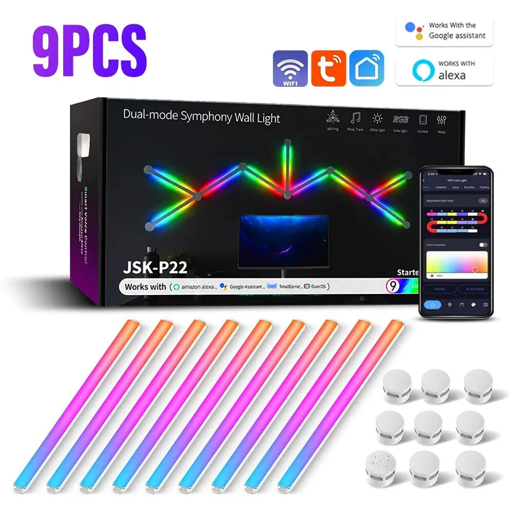 NeonMatrix smart LED light bars set with 9 RGB tubes, app control and wall mounts - modular smart home lighting system