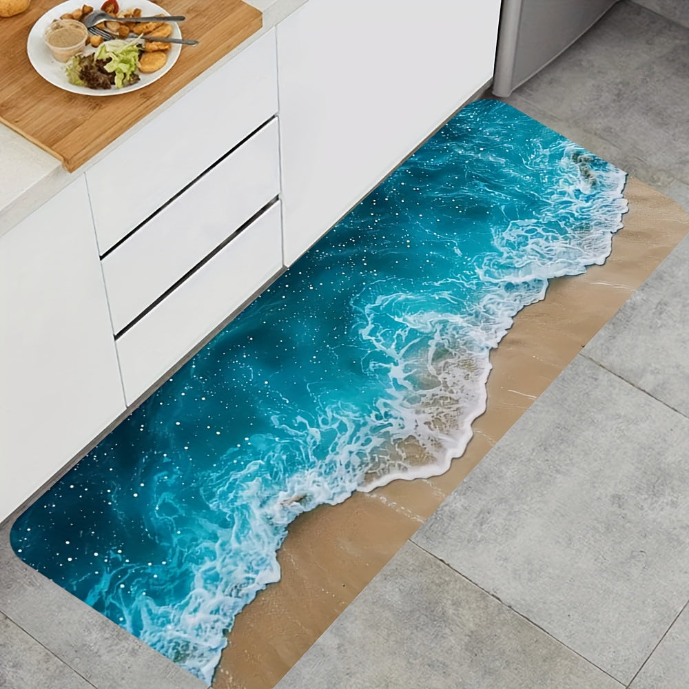 Ocean Bliss Mat featuring turquoise ocean waves crashing on sandy beach design - anti-fatigue kitchen runner in modern setting