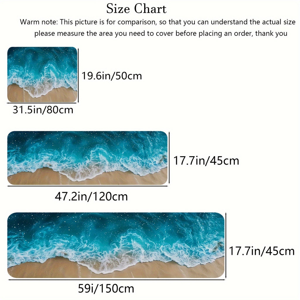 Ocean Bliss Mat size chart displaying three ocean-themed mats with turquoise waves meeting sandy beach in different dimensions