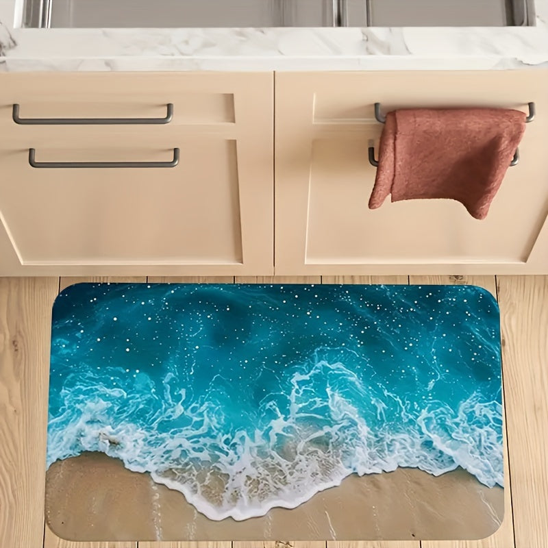 Ocean Bliss Mat with turquoise wave design on wooden floor beneath cream cabinets - anti-fatigue kitchen comfort mat