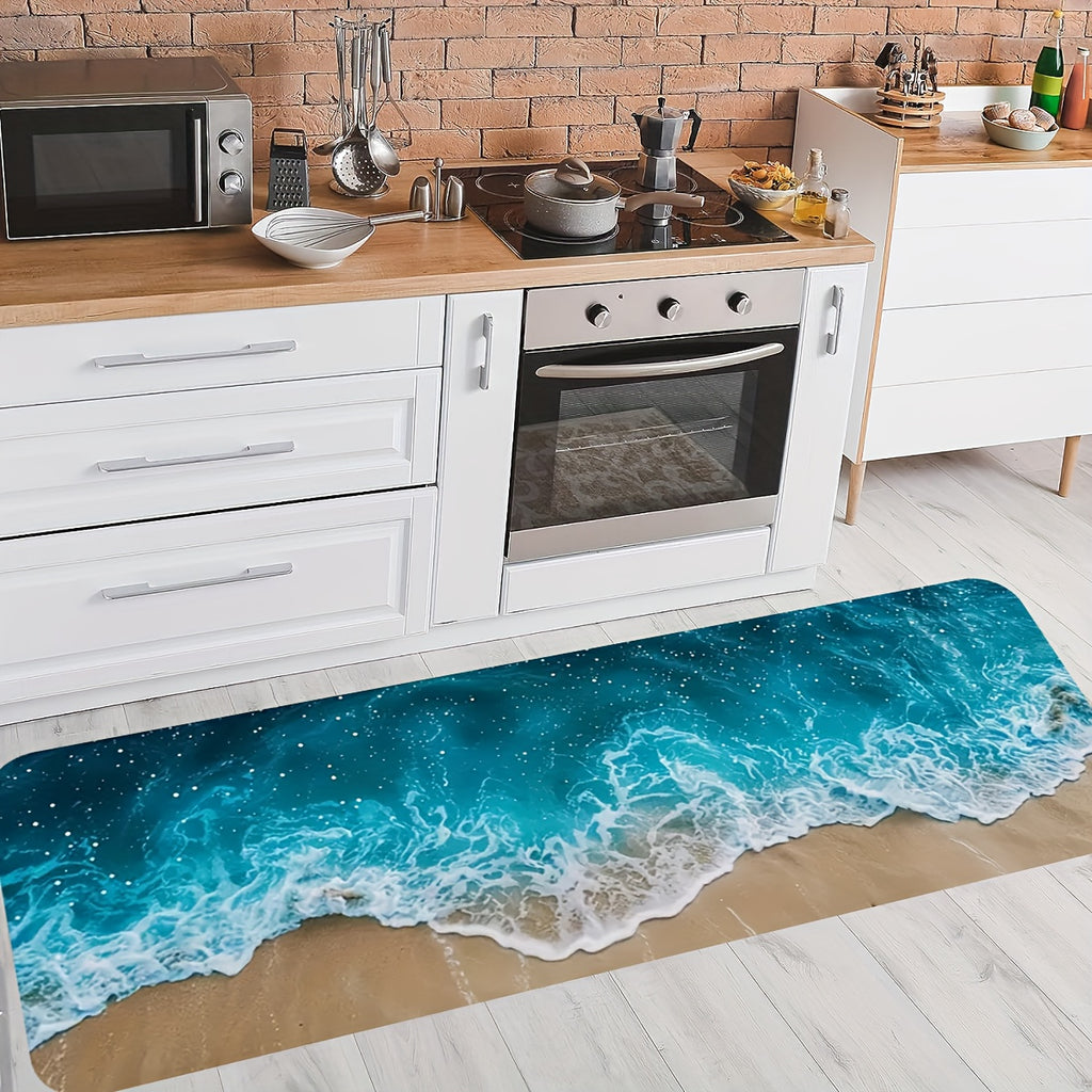 Ocean Bliss anti-fatigue mat featuring turquoise ocean waves and sandy beach design in modern white kitchen with brick wall