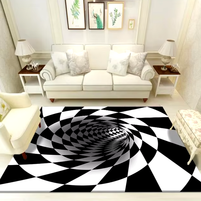 Optical Illusion Rug featuring black and white spiral vortex pattern in modern living room with white couch and botanical art