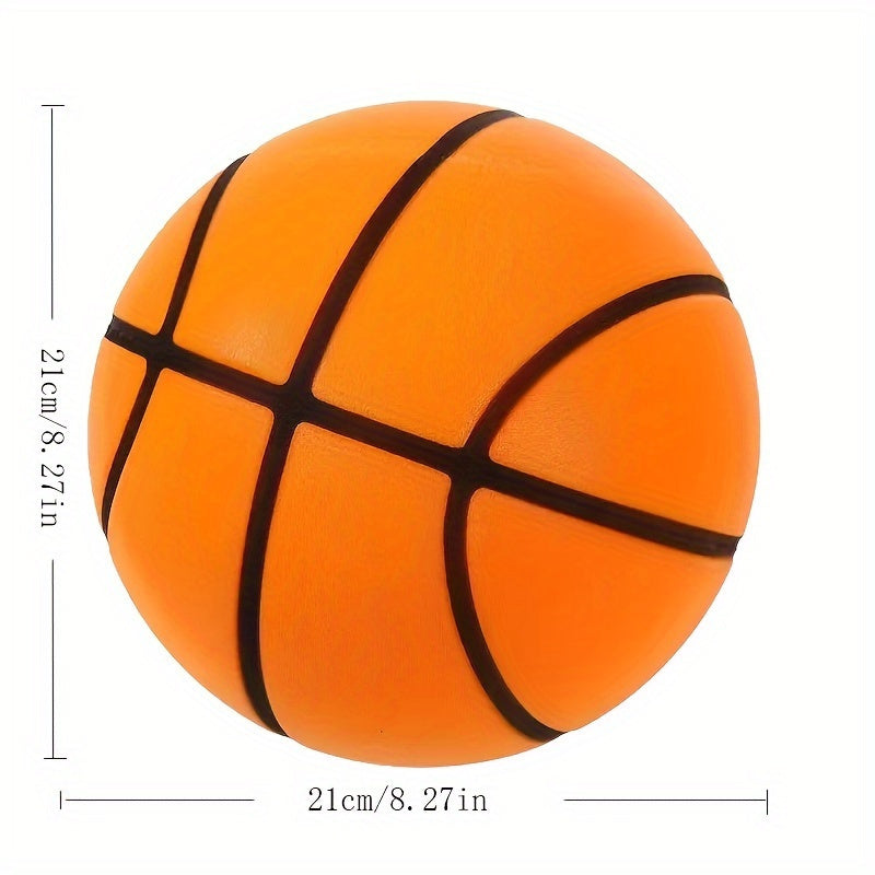 Orange HighPeak Silent Basketball with black stripes and dimensions shown - soft TPU indoor gaming ball