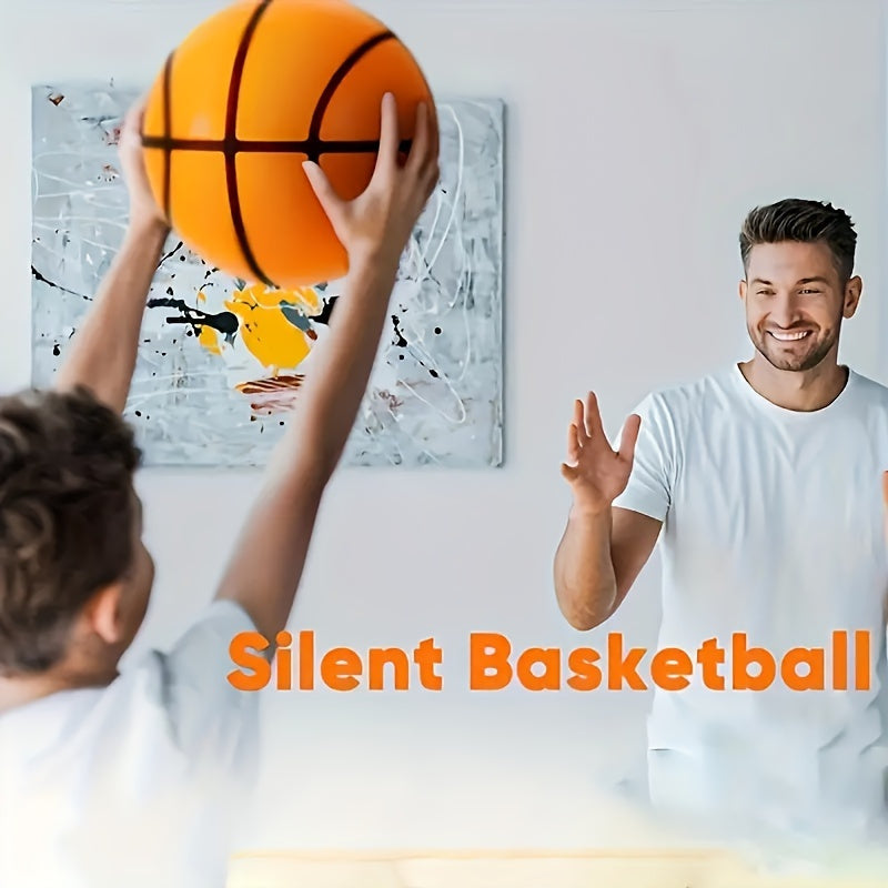 Orange Silent Basketball being passed between players indoors with abstract wall art - indoor basketball practice setup