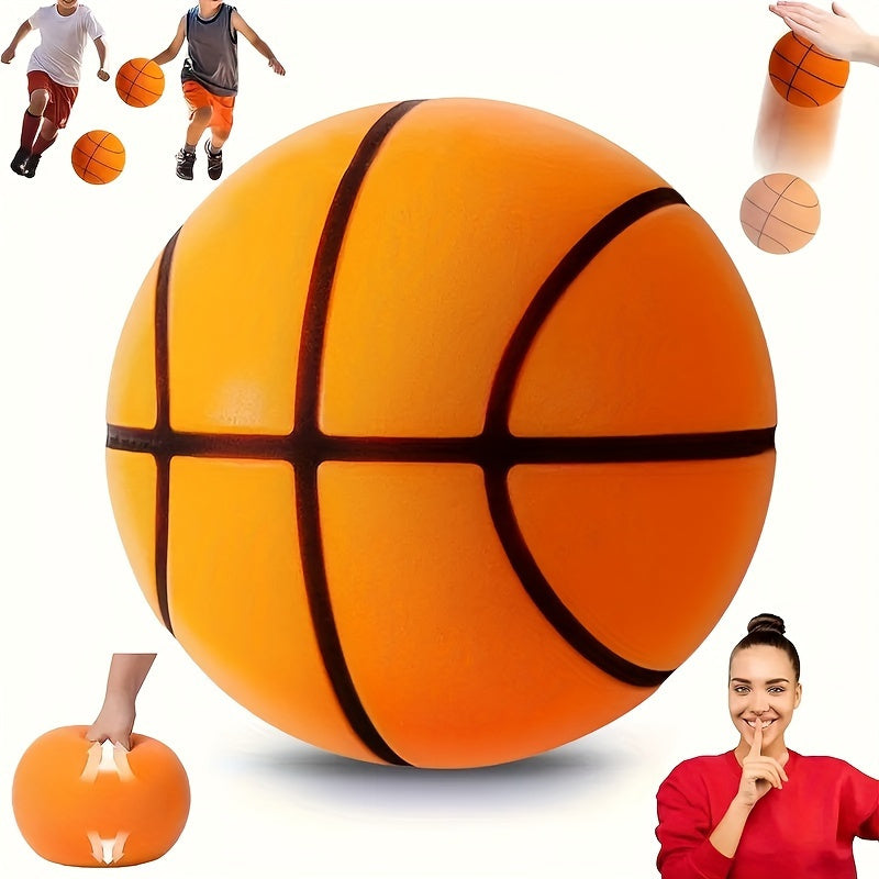 Orange Silent Basketball with classic black striping shown with players demonstrating indoor and outdoor play features