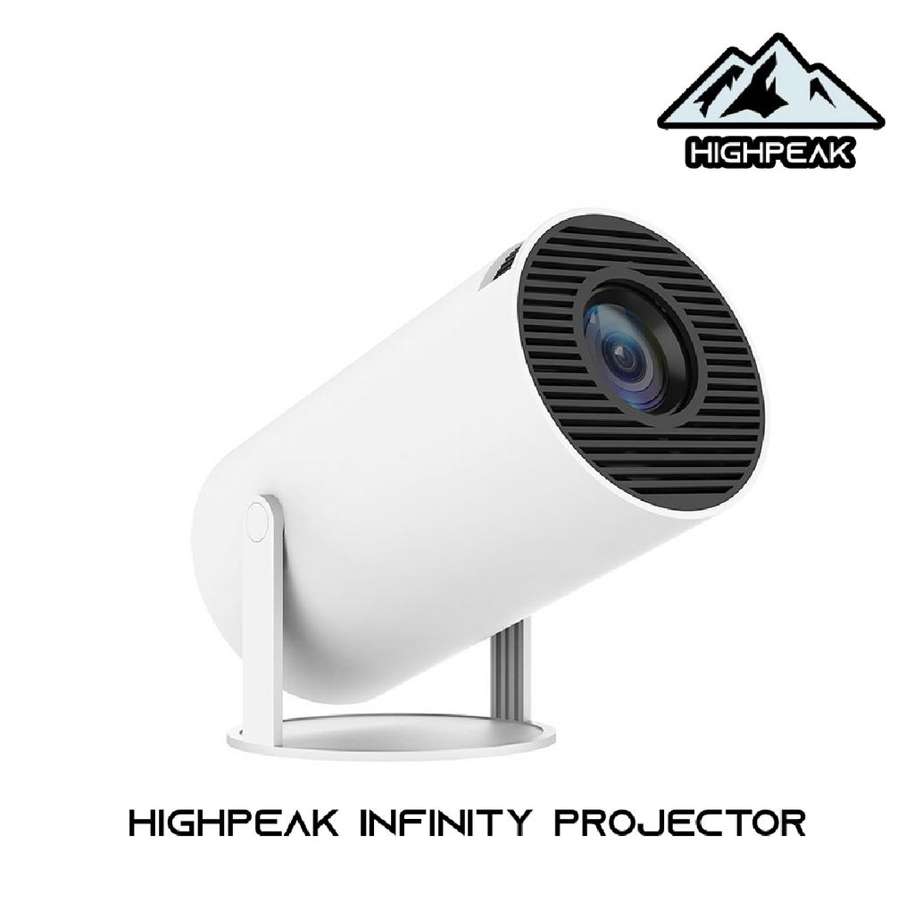 Outer Space Deal: Highpeak Infinity smart projector in white with blue lens, black ventilation grille, and adjustable metal stand
