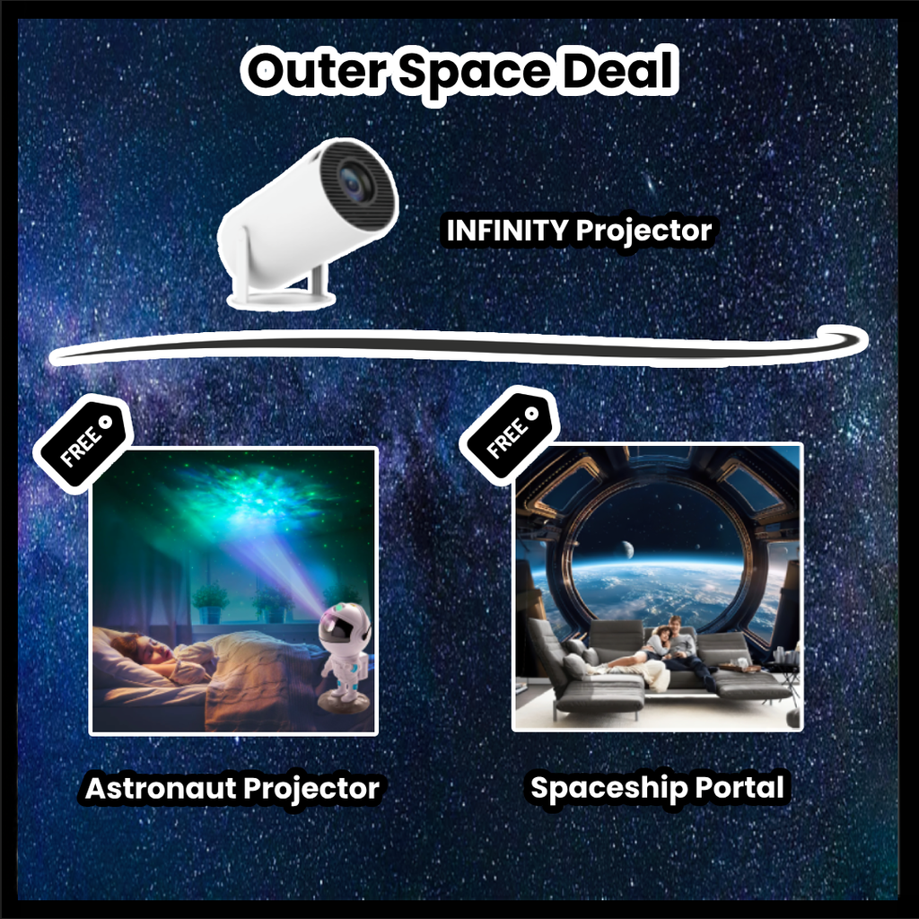 Outer Space Deal: White Infinity projector with astronaut light and space portal tapestry against starry background