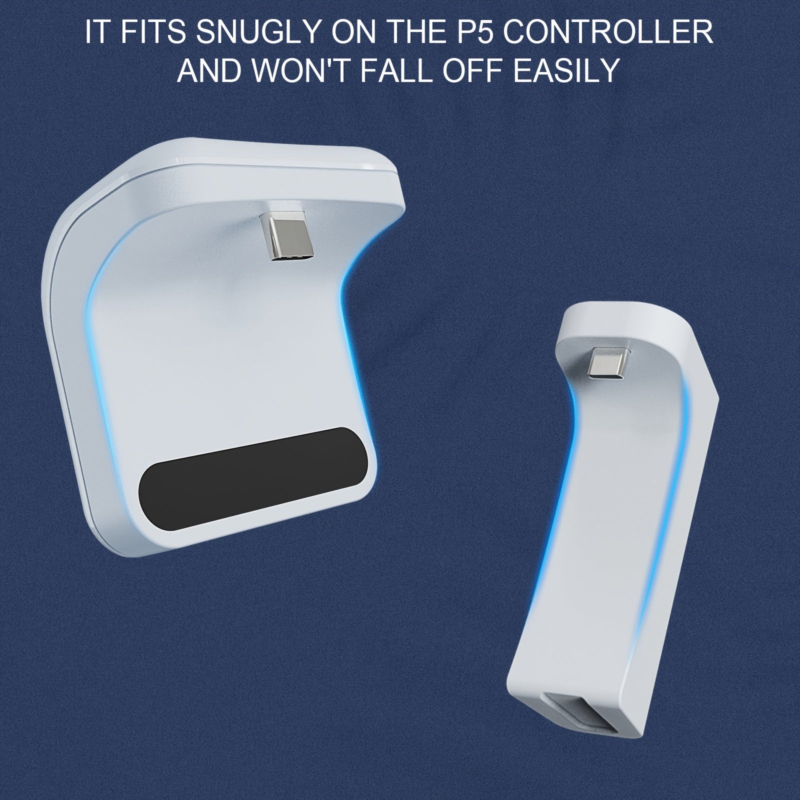 P5 ChargeDock white wireless charging dock with blue LED accent strip showing secure controller fit and mounting design