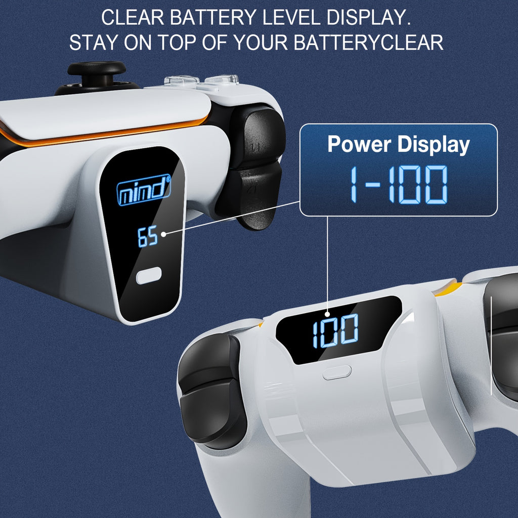 P5 ChargeDock white wireless charging station with LED display showing battery level for PlayStation controller