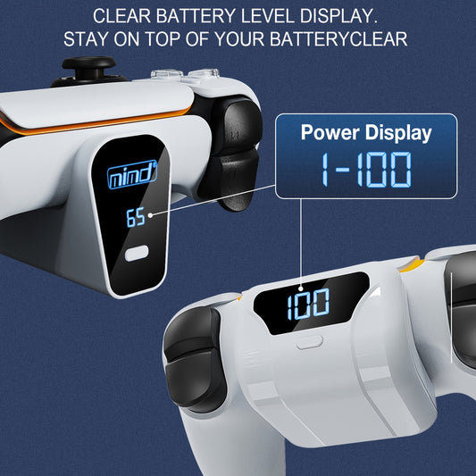 P5 ChargeDock white wireless charging station with LED display showing battery level for PlayStation controller