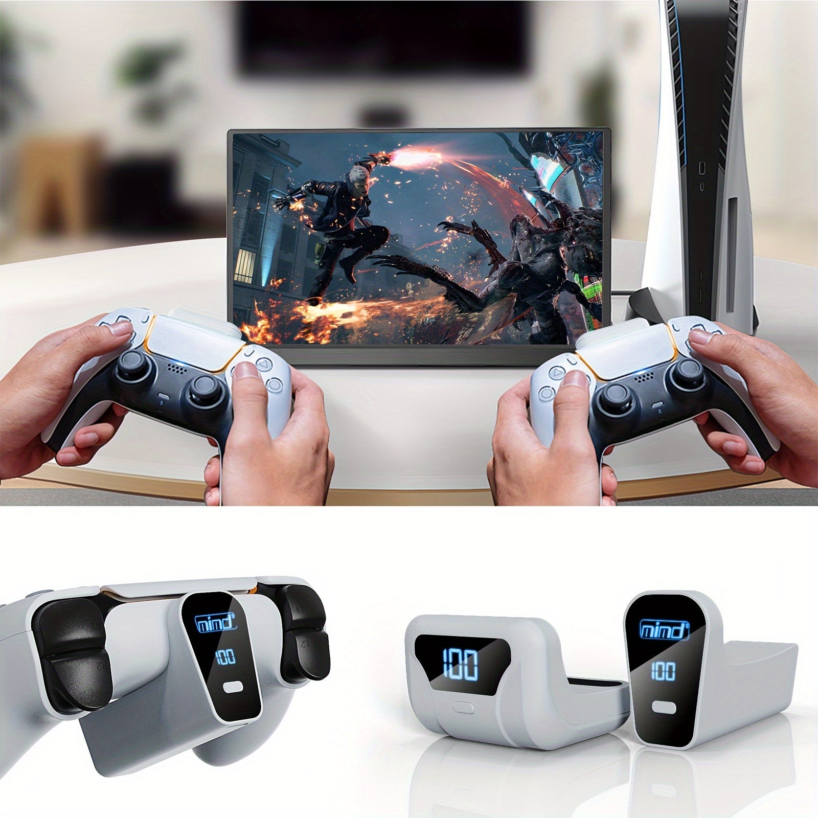 P5 ChargeDock wireless charging station for PlayStation controllers with LED display and dual docking ports in white