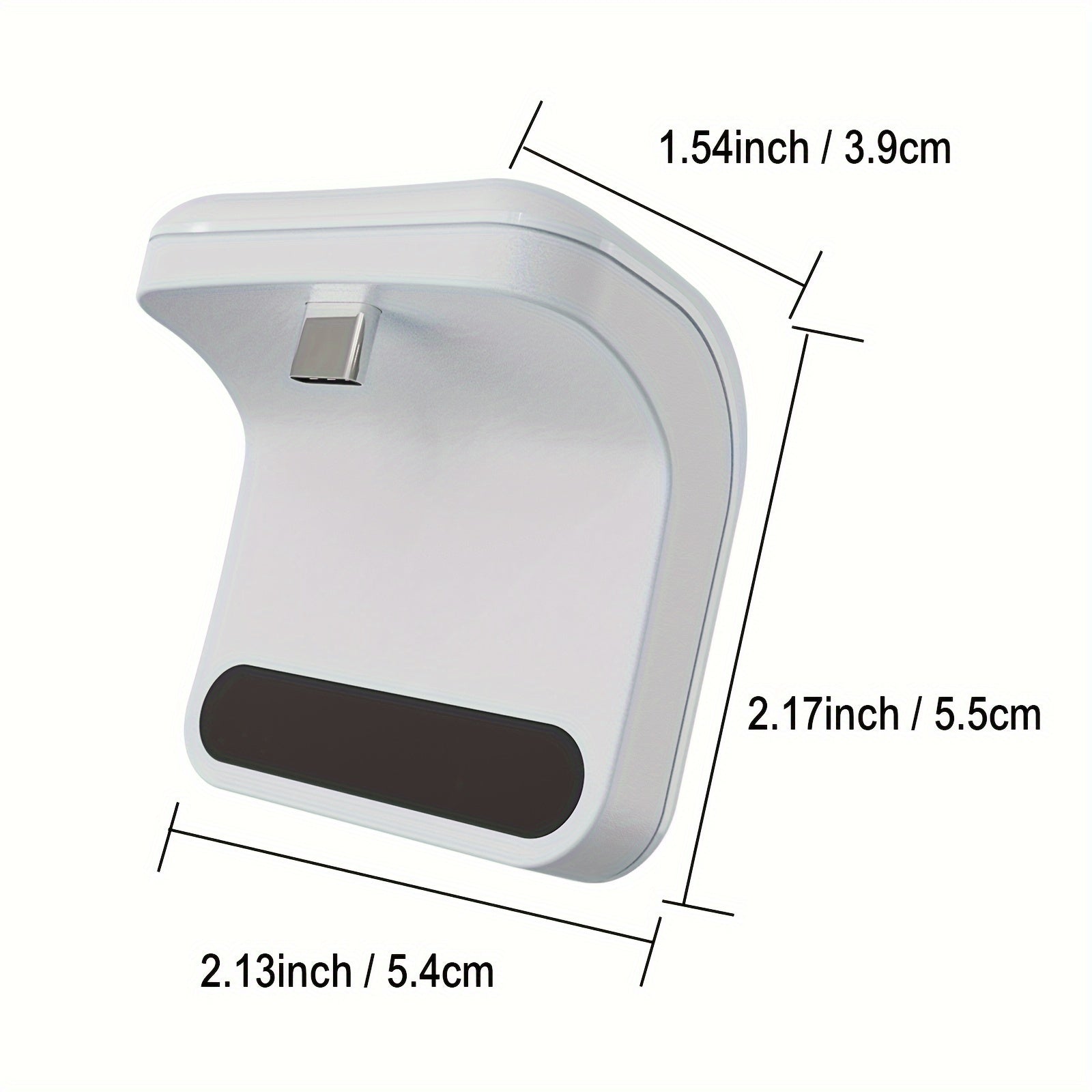 P5 ChargeDock wireless charging station in white with LED display screen - compact PlayStation controller charger dimensions shown