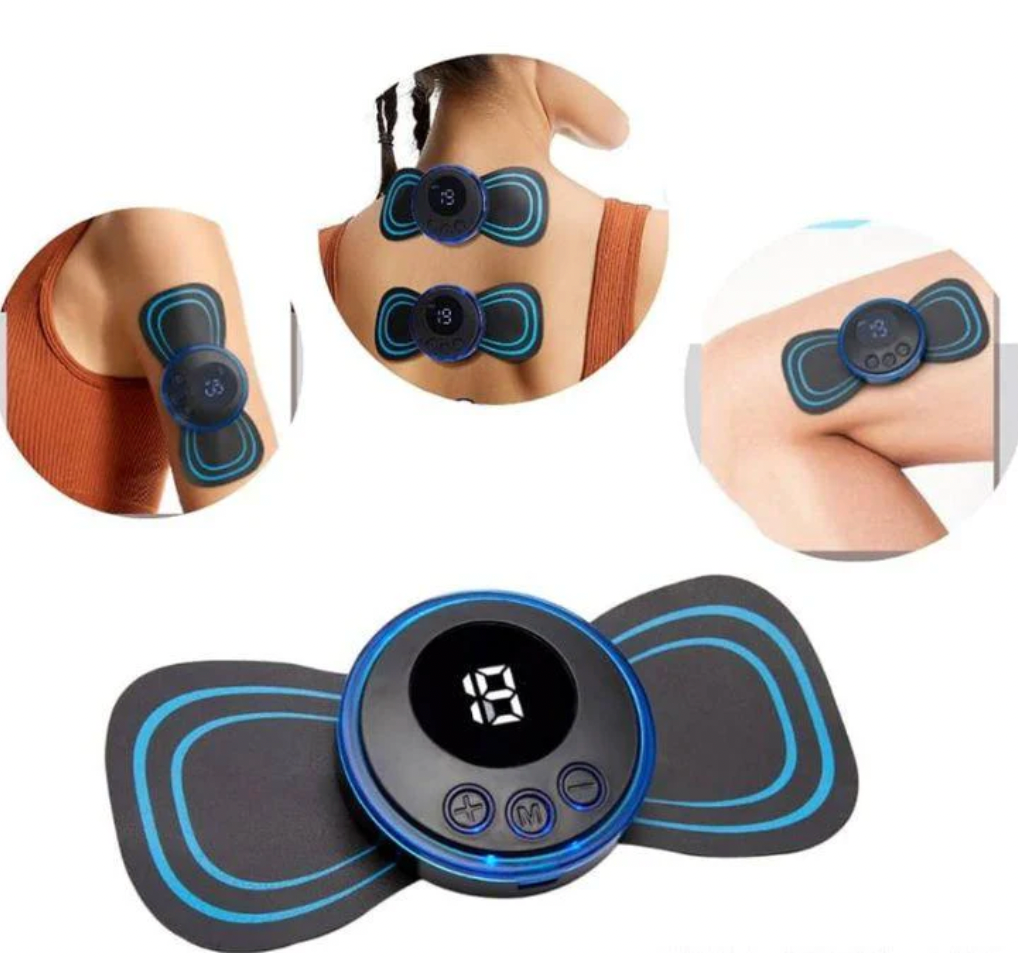 PainRelief Pro device in black and blue with LED display shown on body muscles, demonstrating wireless pain relief application